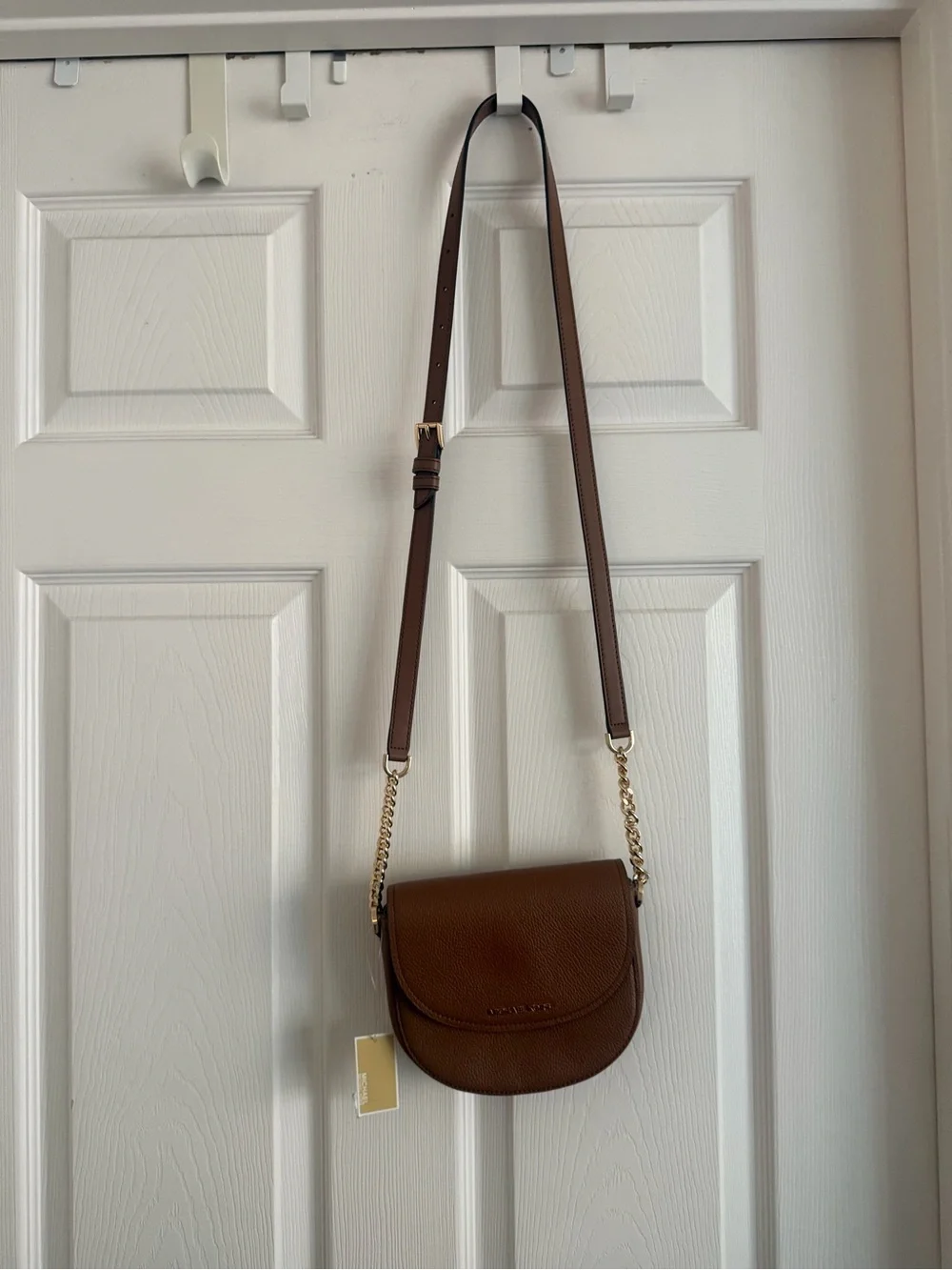 Michael Kors Half Dome Brown Leather Crossbody Saddle Bag with Gold Chain Strap